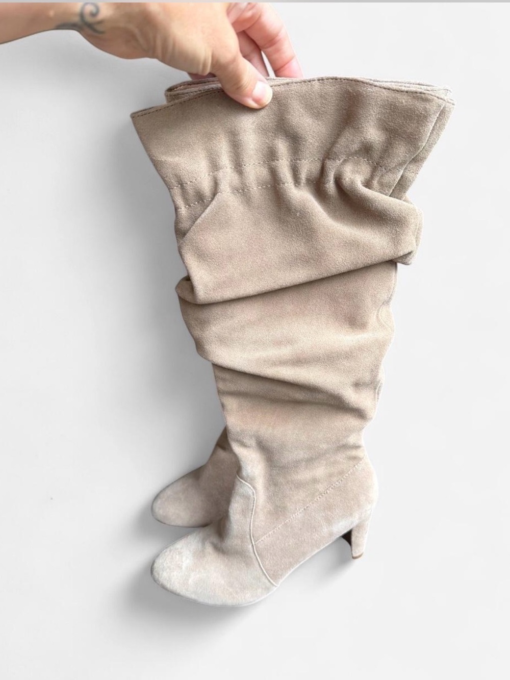 Hot in Hollywood Taupe Faux Suede Slouch Below-the-Knee Boots Women’s - Picture 2 of 9